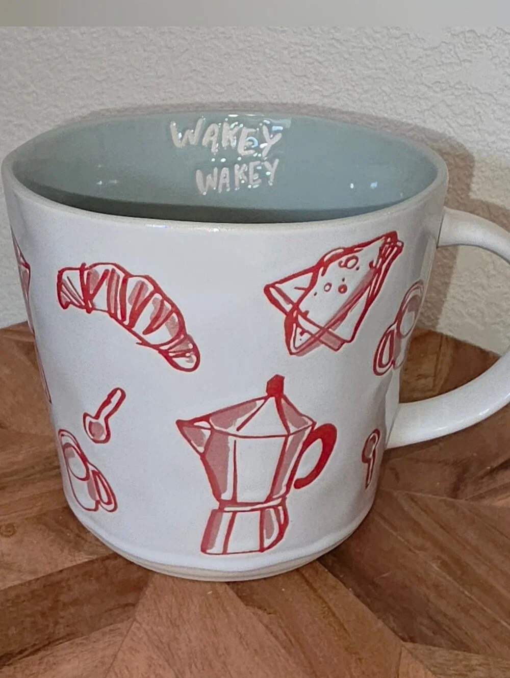 Prima Design Wakey Wakey Ceramic Coffee Mug with Red Breakfast Icons